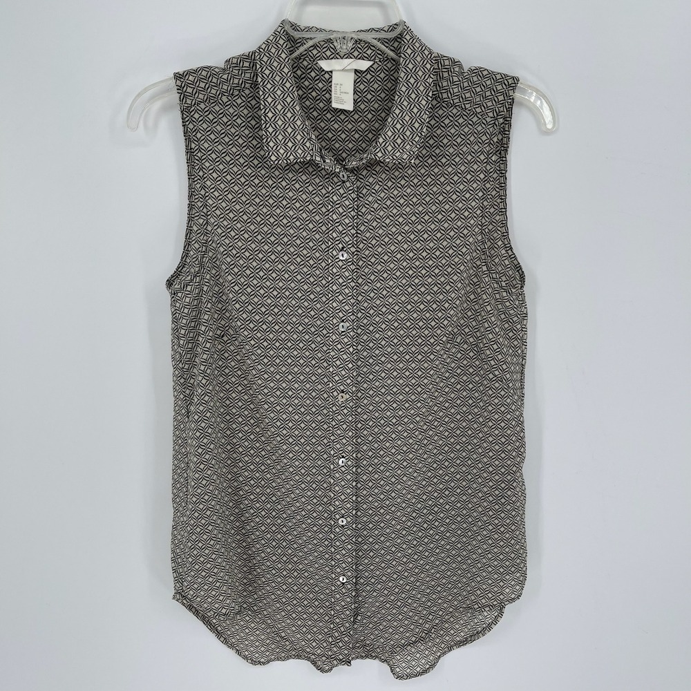 H&M Women's Black Geometric Print Sleeveless Button Down Top Size 4